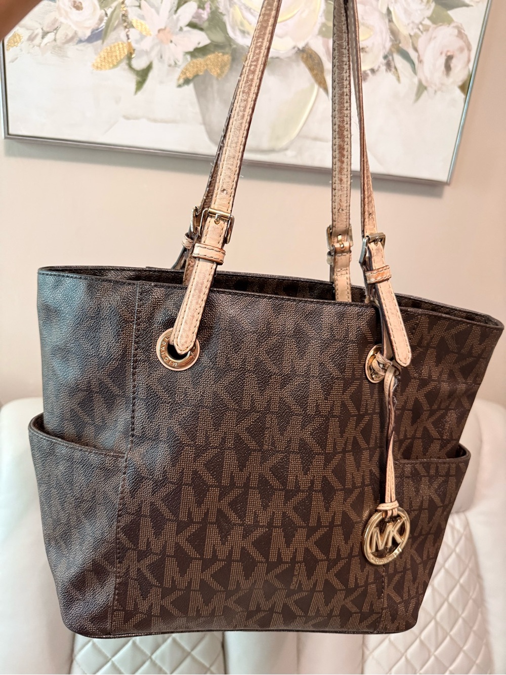 Michael Kors Brown MK Signature Tote with Gold Hardware